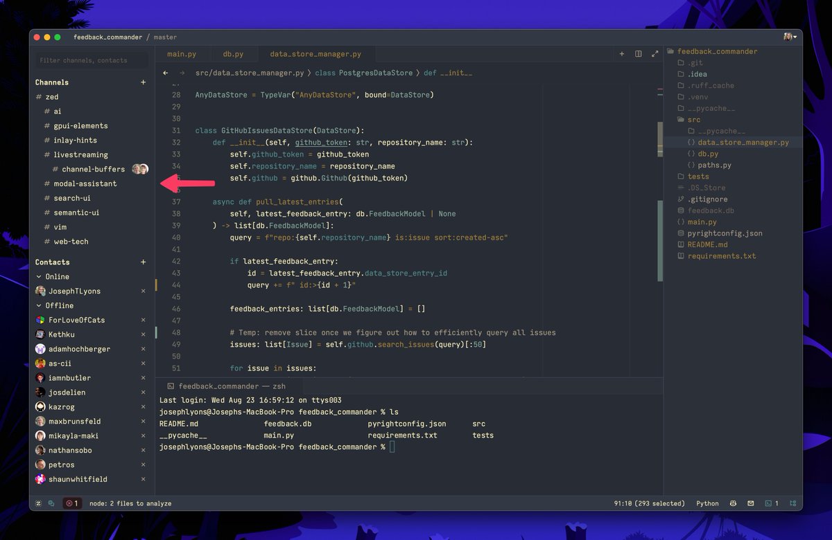 zeddotdev's tweet photo. 🚀 Introducing Zed v0.100!

We've moved the collab dropdown into its own panel that can be docked on either the left or right side. The collab panel will also be the home of our new channels feature, as shown in the screen capture. Note that channels have not been released yet. https://t.co/Ye1vsX88t4