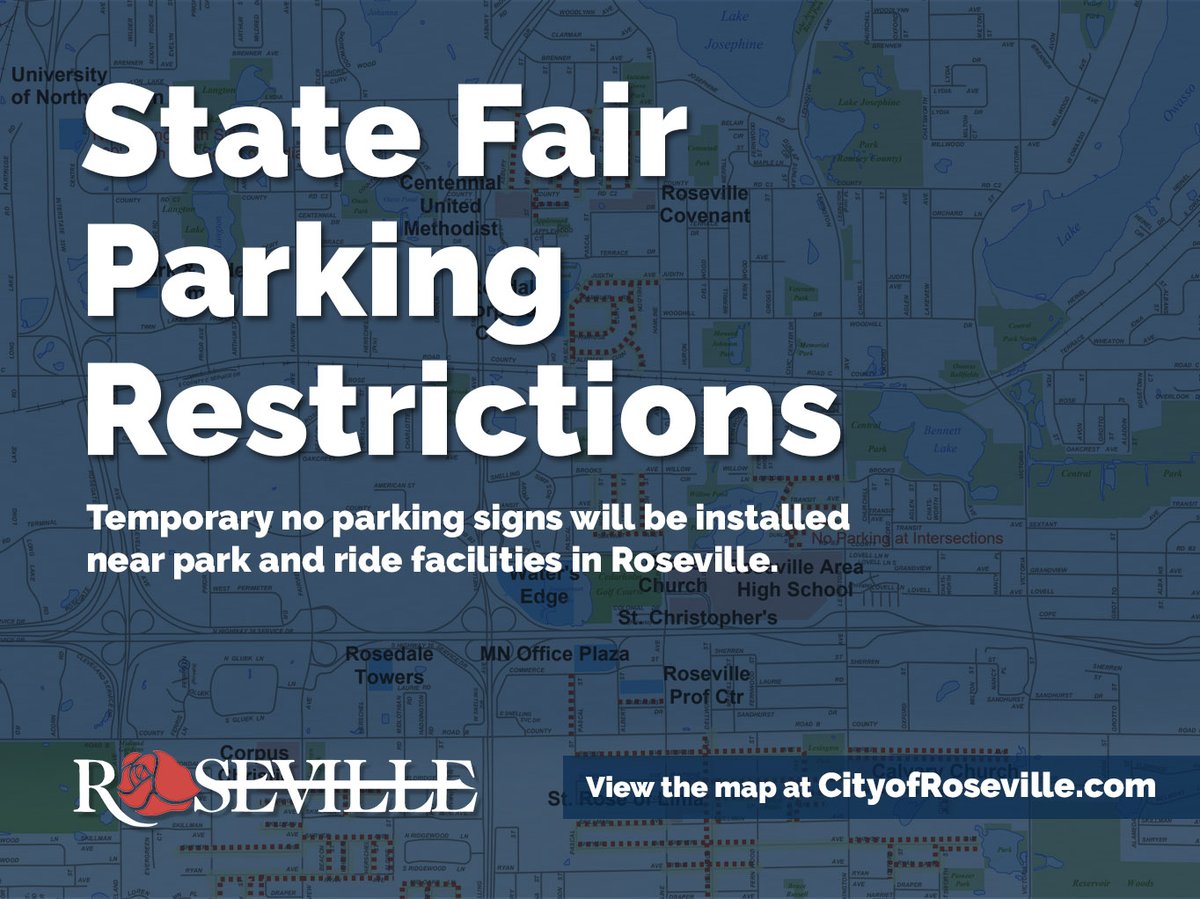 RosevilleMN's tweet photo. The @mnstatefair kicks-off tomorrow! Temporary no parking signs will be installed near park and ride facilities in Roseville.

View the map at https://t.co/QUZItj61xd https://t.co/hB7MuKPyWc