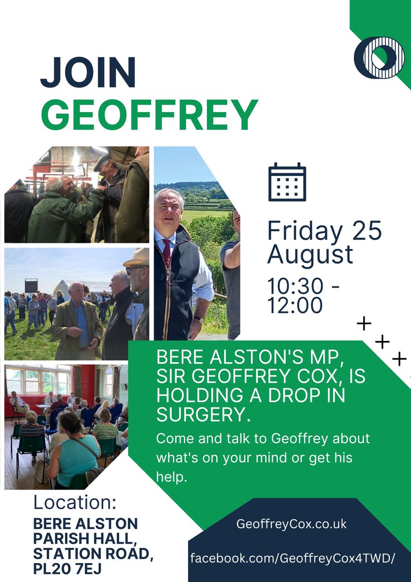 I am holding village surgeries in Lifton, Bere Alston and Princetown on Friday 25 August. Please get in touch on tellgeoffrey@geoffreycox.co.uk or just drop in if you would like to get my help or chat about something on your mind!