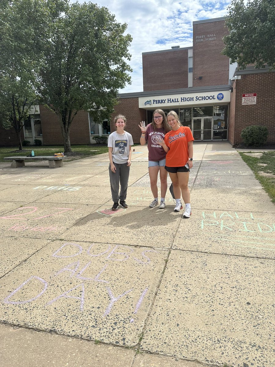 Hall_Pride's tweet photo. A big thank you to several of our Rotary Club members for chalking positive messages for the Class of 2027. Rotary students also helped teachers in the classroom. 

We are ready for the Class of 2027! 

#hallpride 🐊 #bcpsbacktoschool https://t.co/wWDeBvzpbH