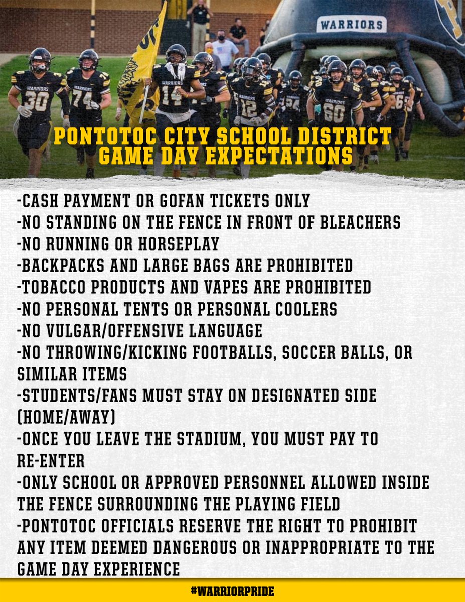 Pontotoc City School District
Game Day Expectations ⚫️🟡

Thank you for your cooperation!