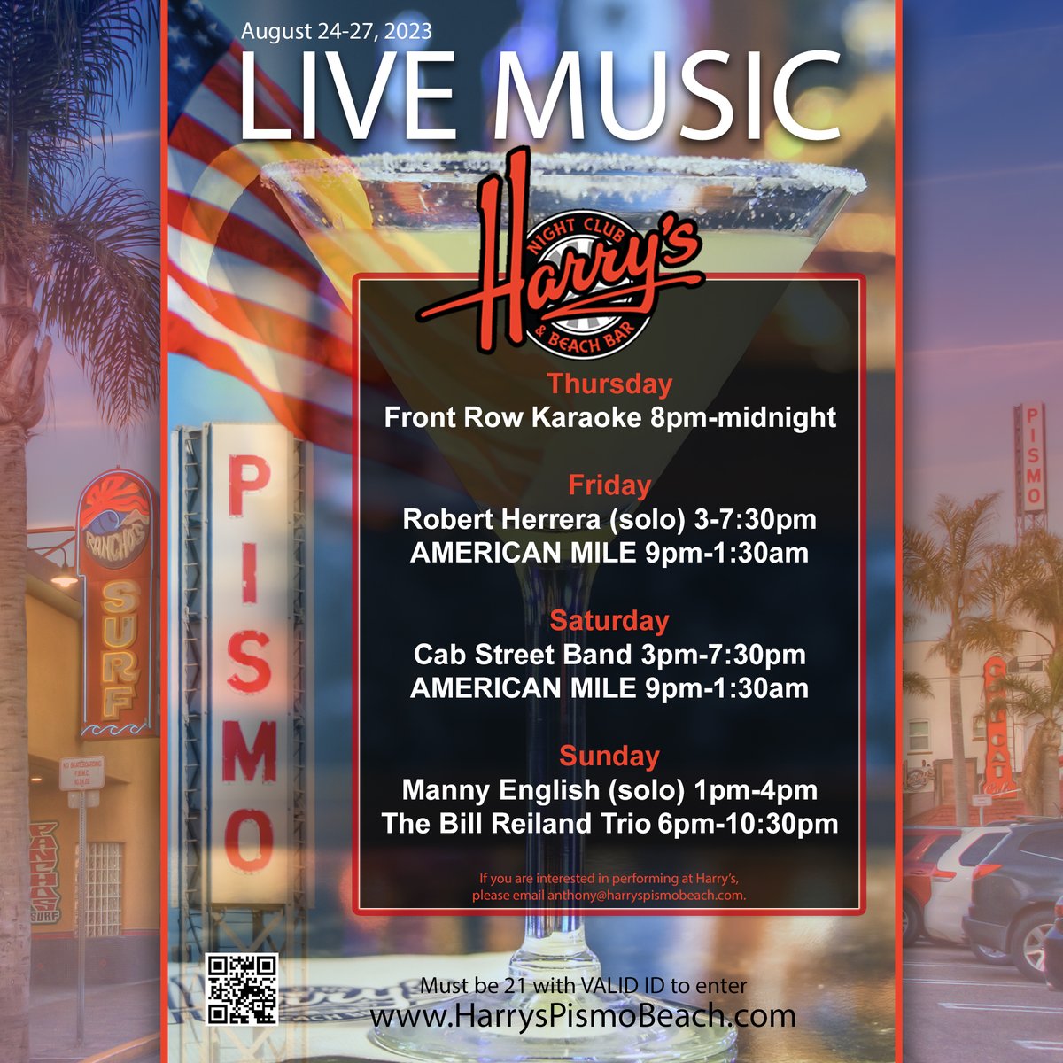 Harry's Entertainment Lineup for August 24-27, 2023 harryspismobeach.com/2023/08/harrys… #pismobeach #harryspismobeach #livemusic #centralcoast