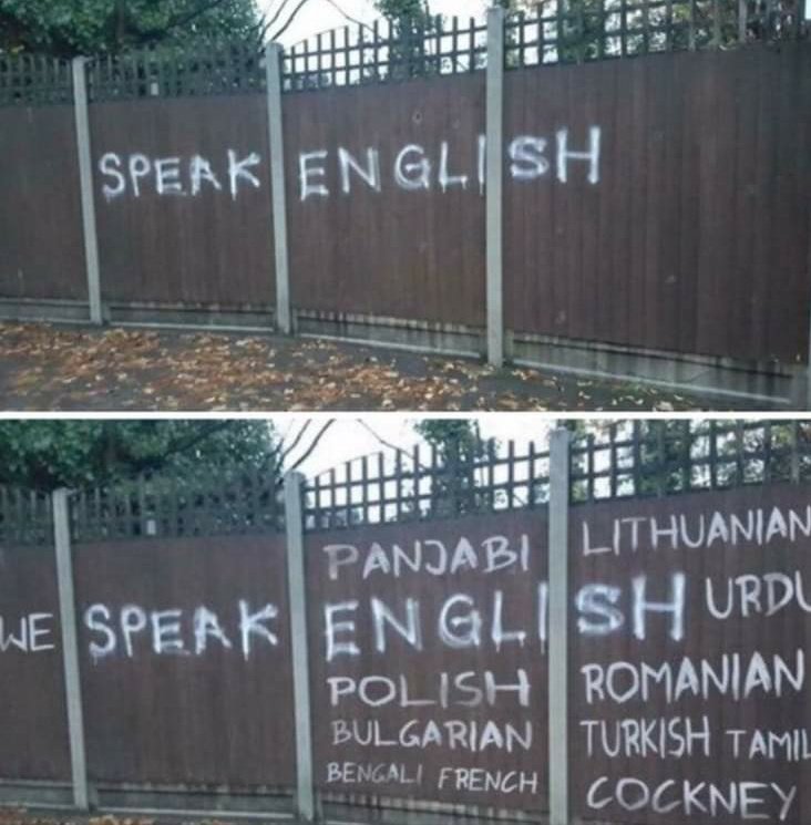 From negative offensive #farright graffiti to a #progressive, #multicultural, inclusive message. Love it. #EthnicDiversity & #LinguisticDiversity