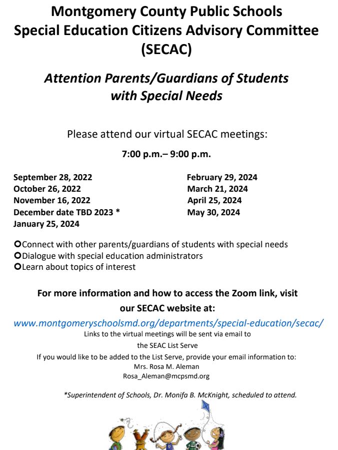MCPSMDSpecialEd's tweet photo. Our first Special Education Citizen's Advisory Committee (SECAC) will be held virtually on 9/28 at 7PM

We're excited to share the calendar of scheduled SECAC meetings for the new 23-24 school year

For access to meetings, please visit the SECAC website: https://t.co/hUeRZhpQMb https://t.co/OpqgMIhLz3