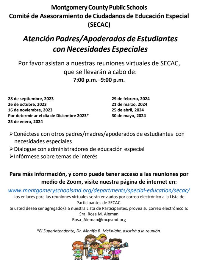 MCPSMDSpecialEd's tweet photo. Our first Special Education Citizen's Advisory Committee (SECAC) will be held virtually on 9/28 at 7PM

We're excited to share the calendar of scheduled SECAC meetings for the new 23-24 school year

For access to meetings, please visit the SECAC website: https://t.co/hUeRZhpQMb https://t.co/OpqgMIhLz3