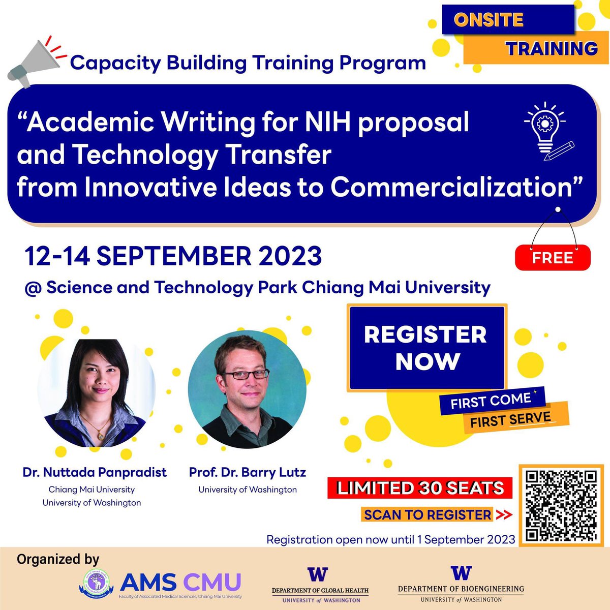 NPanpradist's tweet photo. I am excited to be partnering with @LutzLabUW @UWBioE to launch our first ever grant writing and tech transfer workshop this summer @cmuofficial_tw #lucentinternational #capacitybuilding @uwdgh @GlobalWACh - Thanks AMS CMU and @uw #globalinnovationfund for the support! https://t.co/8NrwnBS1F3