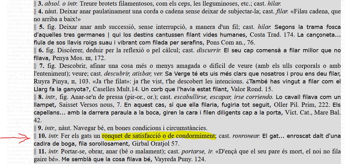 Virgili7's tweet photo. Tweet de #boncatala del 23 d'agost:

Els gats MIOLEN, fan MÈUS, MARRAMEUS i MIOLS.

Però també fan un altre sorollet quan estan tranquils i satisfets que s'anomena FILAR: no en digueu "ronronejar" ni cap altra castellanada semblant.

És l'accepció 10 a l'Alcover-Moll.

Que corri. https://t.co/XQF9z7k6qC