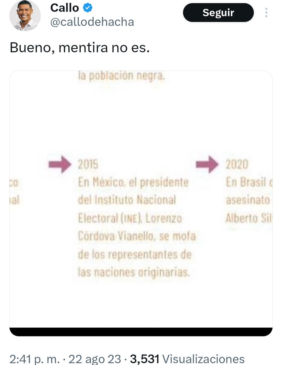 No piensen en Callo de Hacha <a href="/callodehacha/">Callo</a>, él es una cucaracha. Fijémonos en su tuit que respalda una infamia del gobierno federal. Elijo el tuit porque lo escribe ese tipo de insectos que propagan que <a href="/lorenzocordovav/">Lorenzo Córdova V.</a> se burló de las comunidades indígenas. Él sabe que miente