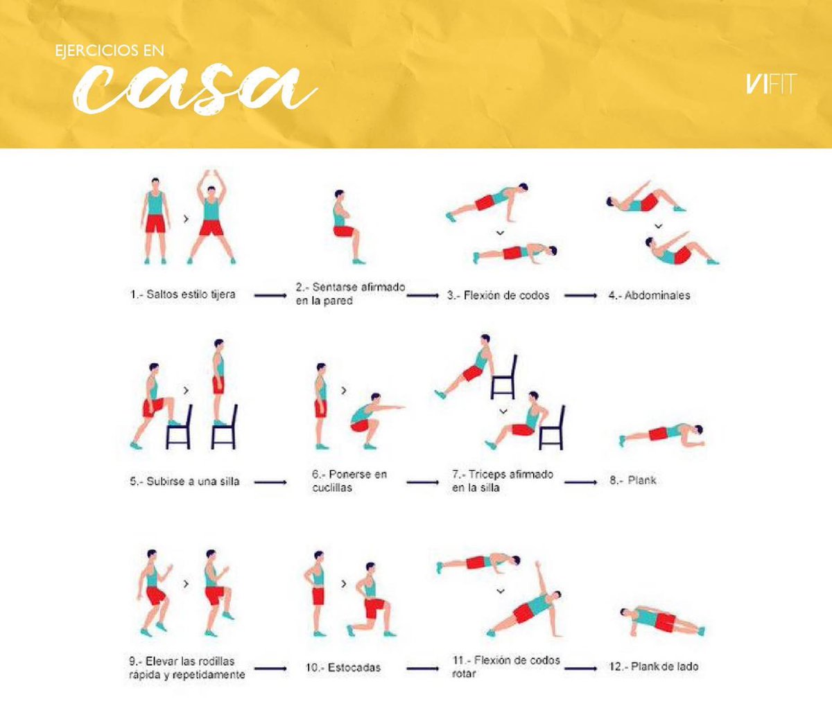 Si a veces se te complica salir a hacer ejercicio te compartimos esta sencilla rutina para activar tu metabolismo y cuidar tu salud.

Repítela de 4 a 5 veces, realiza cada ejercicio de 2:00 minutos de duración y con un descanso entre ejercicios de 60 segundos.