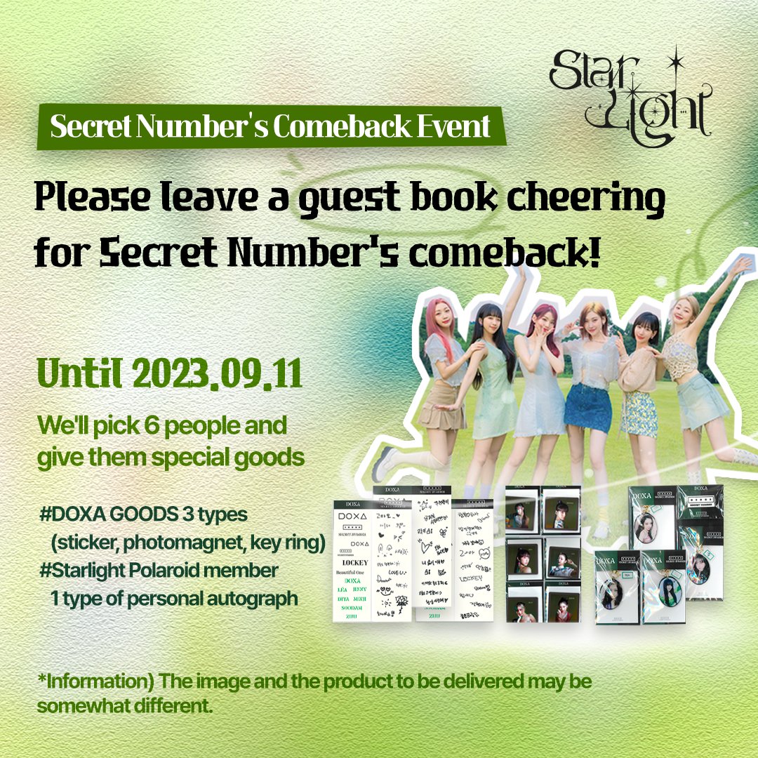 ifland_official's tweet photo. COMEBACK EVENT with #SECRET_NUMBER
Leave a guest book message
cheering for #StarLight 🍀 in if home🏡
🔗https://t.co/z8IgLoo6Ev
💌 Gift for 6 people
- DOXA Goods (3 types)
- An autographed Polaroid film (Starlight ver.) https://t.co/fCPFAfHpSu
