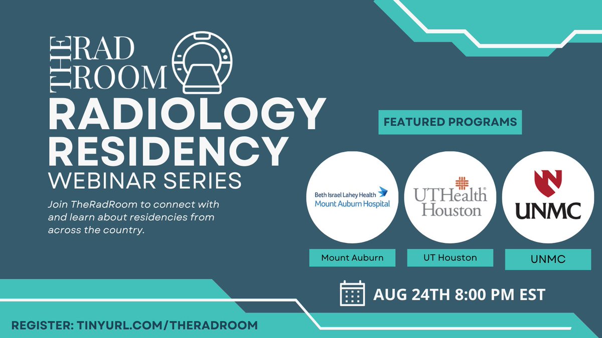 TheRadRoom (@theradroom) on Twitter photo Our #Match2024 Radiology Residency Series continues TOMORROW at 8 PM EST, featuring Mount Auburn (<a href="/MtAuburnRadRes/">Mount Auburn Hospital Radiology Residency</a>) UTHealth Houston (<a href="/UTHealthRadRes/">UTHealthRadRes</a>), and the University of Nebraska Medical Center.
Register here if you haven't already: tinyurl.com/theradroom Our #Match2024 Radiology Residency Series continues TOMORROW at 8 PM EST, featuring Mount Auburn (<a href="/MtAuburnRadRes/">Mount Auburn Hospital Radiology Residency</a>) UTHealth Houston (<a href="/UTHealthRadRes/">UTHealthRadRes</a>), and the University of Nebraska Medical Center.
Register here if you haven't already: tinyurl.com/theradroom