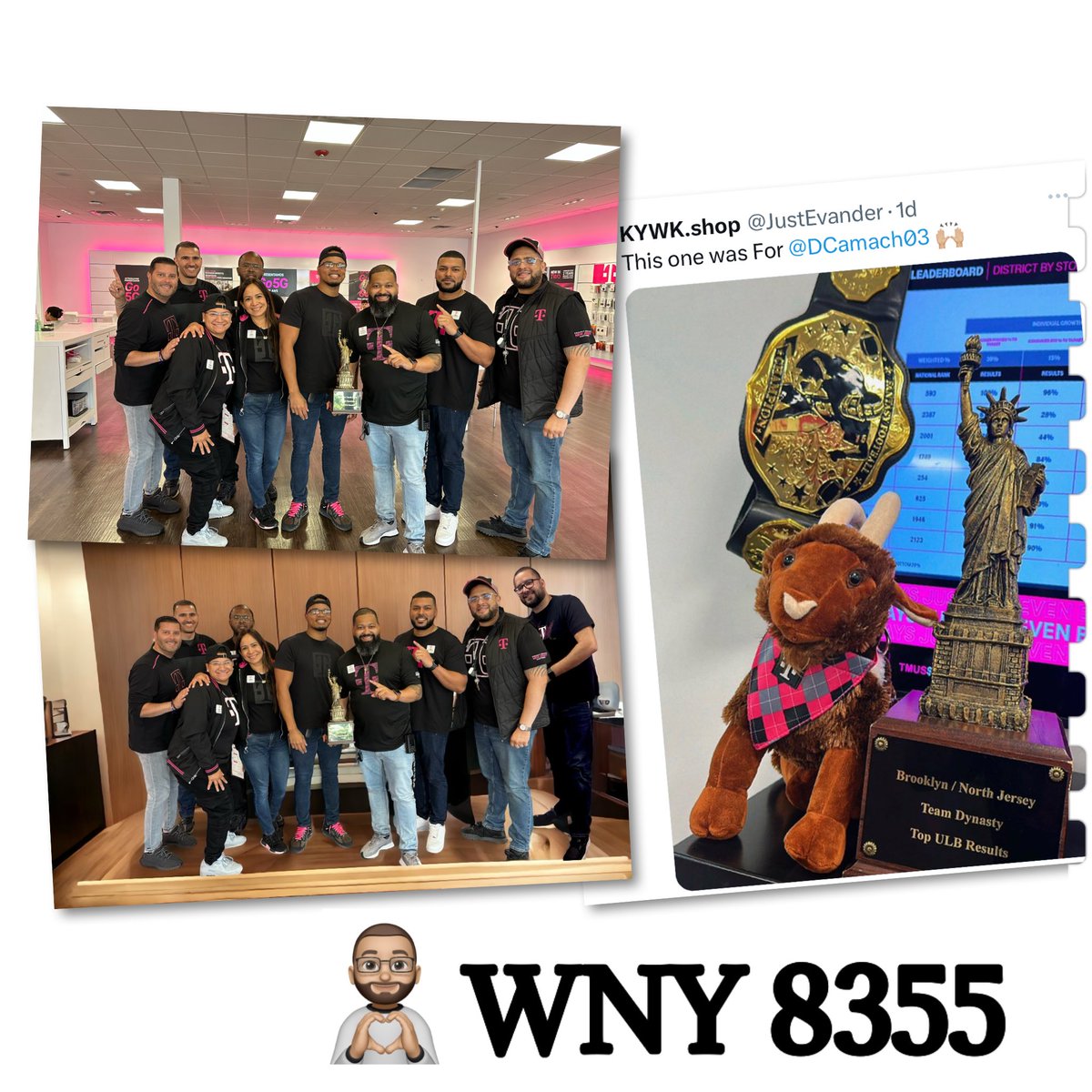 #8355 #Retail #Squad
We brought the Market 🏆 home 💪. Proud of us ☺️. #BKSI 
Wasn’t there for pic as I’m training in Tx. #TFB #TeamMagenta
Appreciate the gesture &amp; love of cropping me in as if I was 😂. Reflecting my impact as a leader is something I’ll never forget. #ThankYou.