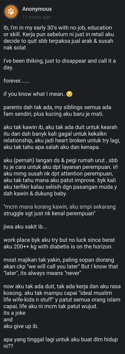 ibjela's tweet photo. Ni mcm depression je nama dia.

Kau kena reset byk mende ni. Aku suggest mulakan dengan morning walk 10,000 steps everyday lepas Subuh.

Everyday without fail. Takyah bawak phone. Pastu kau kena eliminate white sugar.

And then fokus solat 5 waktu. Buat 3 benda ni dulu. https://t.co/IM92GTnIkF