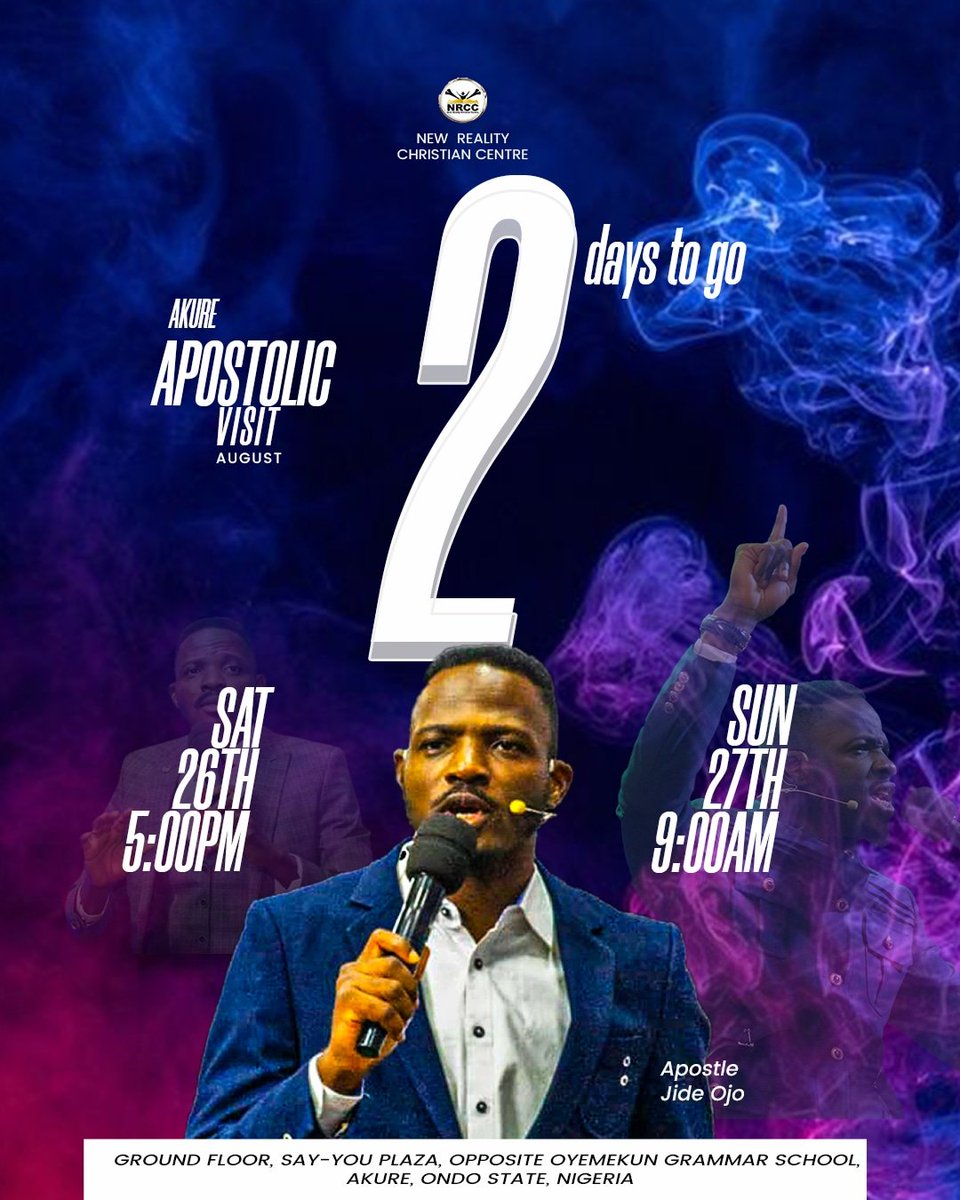 We are just 2 days to Apostolic Visit
Eyes have not seen ears have not heard what the Lord is about to do to the family of @nrcc_akure

Saturday - 5:00pm
Sunday - 9:00am

#churchinakure #weekendtoremember #ondotrends #Apjsays #akure