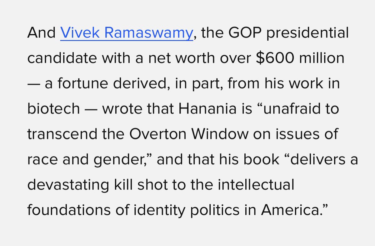 Ramaswamy wrote a blurb for Richard Hanania’s anti-woke book, set to be published by HarperCollins next month. (He also interviewed Hanania at length on his show.)

<a href="/HuffPost/">HuffPost</a> revealed Hanania used a pseudonym for years to write for white supremacist sites huffpost.com/entry/richard-…