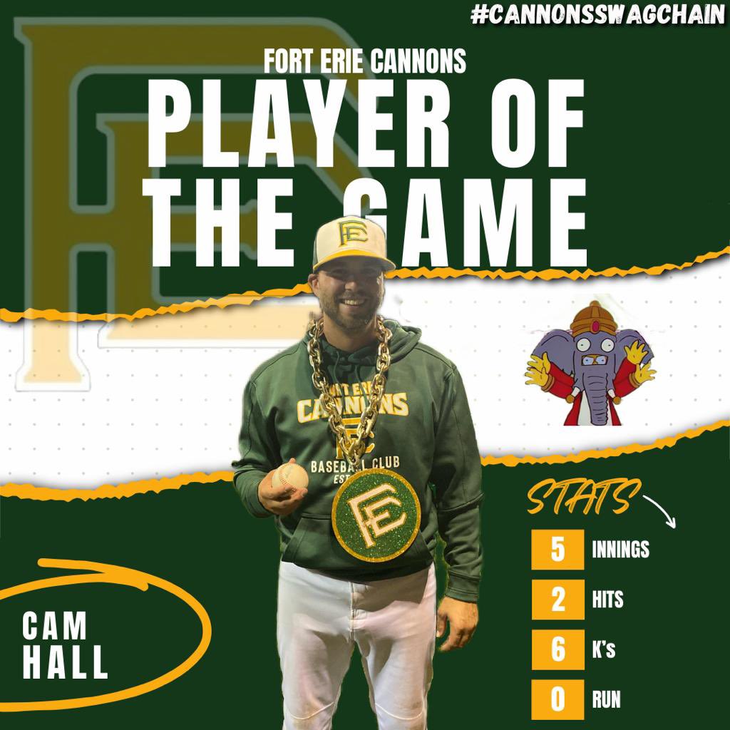 Vintage @Hallzy_13 who was born and raised in Fort Erie shut down the potent @beamsvilleSR offence en route to a 13-0 win for the #CannonsSwagChain Nick Weglarz also went 2-3 with 7 RBI including a grand slam Game 4 Friday 7:30 pm in Fort Erie