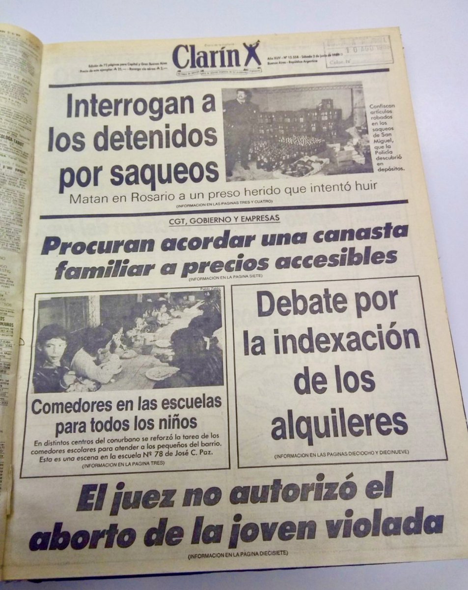 La tapa del diario Clarín de Junio de 1989. …… 34 años después, casi los mismos títulos que podrían salir HOY. Increíble. #saqueos #alquileres #inflacion #precios #BuenJueves