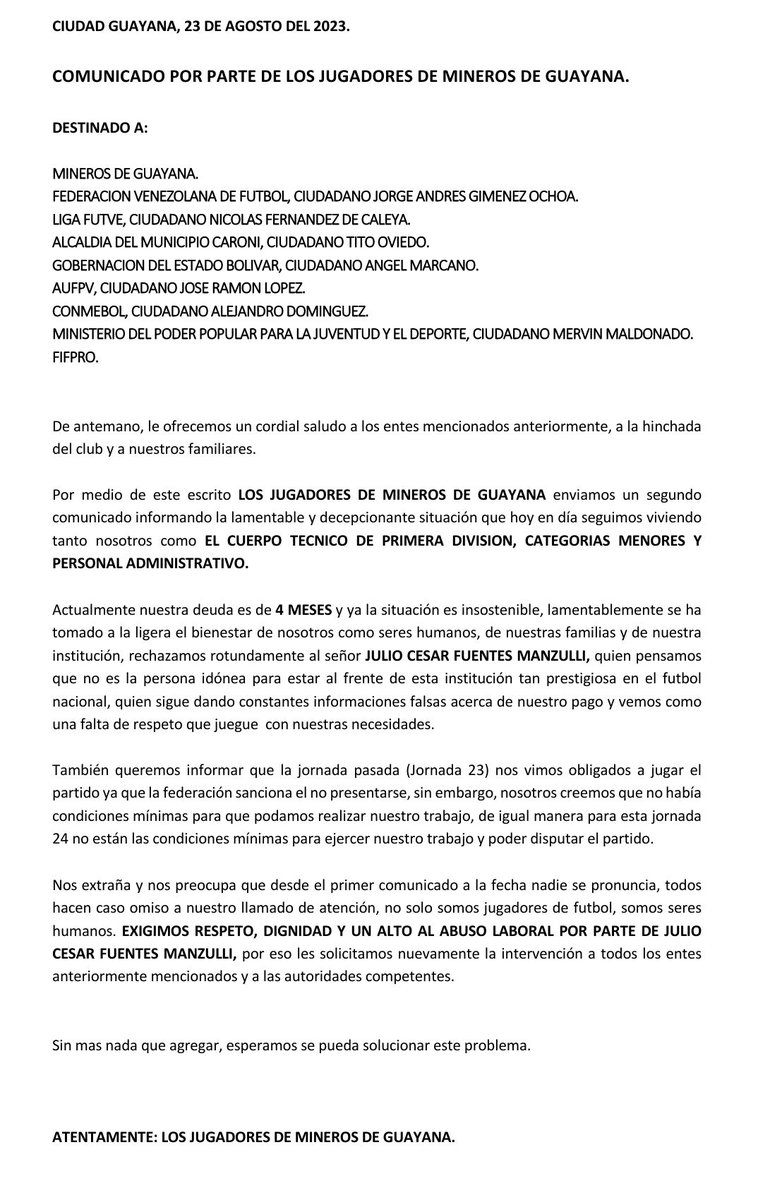FutVenEnNumeros's tweet photo. 🚨 ATENCIÓN 🚨 Contundente comunicado de los jugadores de @MinerosGuayana. Preocupante la situación de un equipo histórico en el balompié venezolano. https://t.co/FrpZzLdRX5