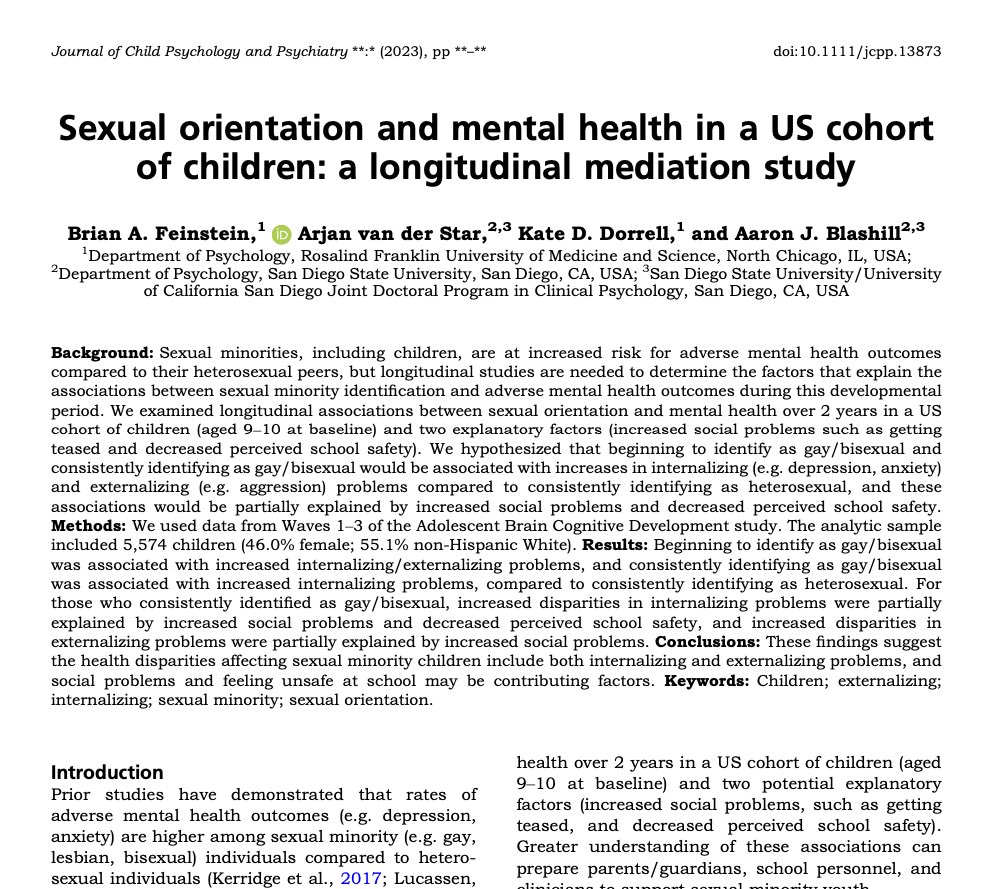 Arjan van der Star, Ph.D., M.Sc. (@arjanvanderstar) on Twitter photo New paper with <a href="/BFeinsteinPhD/">Brian Feinstein (he/him)</a>, <a href="/KateDDorrell/">Kate Dorrell</a>, and <a href="/AJBlashill/">Aaron J. Blashill, Ph.D.</a>! Out now in <a href="/TheJCPP/">Journal of Child Psychology and Psychiatry</a>.
Our new study examined longitudinal associations between sexual orientation and mental health over 2 years in a US cohort of children and two potential (1/3)
doi.org/10.1111/jcpp.1… New paper with <a href="/BFeinsteinPhD/">Brian Feinstein (he/him)</a>, <a href="/KateDDorrell/">Kate Dorrell</a>, and <a href="/AJBlashill/">Aaron J. Blashill, Ph.D.</a>! Out now in <a href="/TheJCPP/">Journal of Child Psychology and Psychiatry</a>.
Our new study examined longitudinal associations between sexual orientation and mental health over 2 years in a US cohort of children and two potential (1/3)
doi.org/10.1111/jcpp.1…