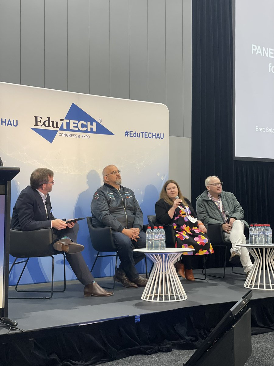 Really inspiring and thoughtful panel discussion on Generative AI what does it mean for digital technologies ed? With <a href="/MRsalakas/">Brett Salakas</a> <a href="/michelledennis/">Michelle Dennis</a> James Curran &amp; Toby Walsh. Key message Watch out for grifters! @EduTECH_AU #EDUTECHAU