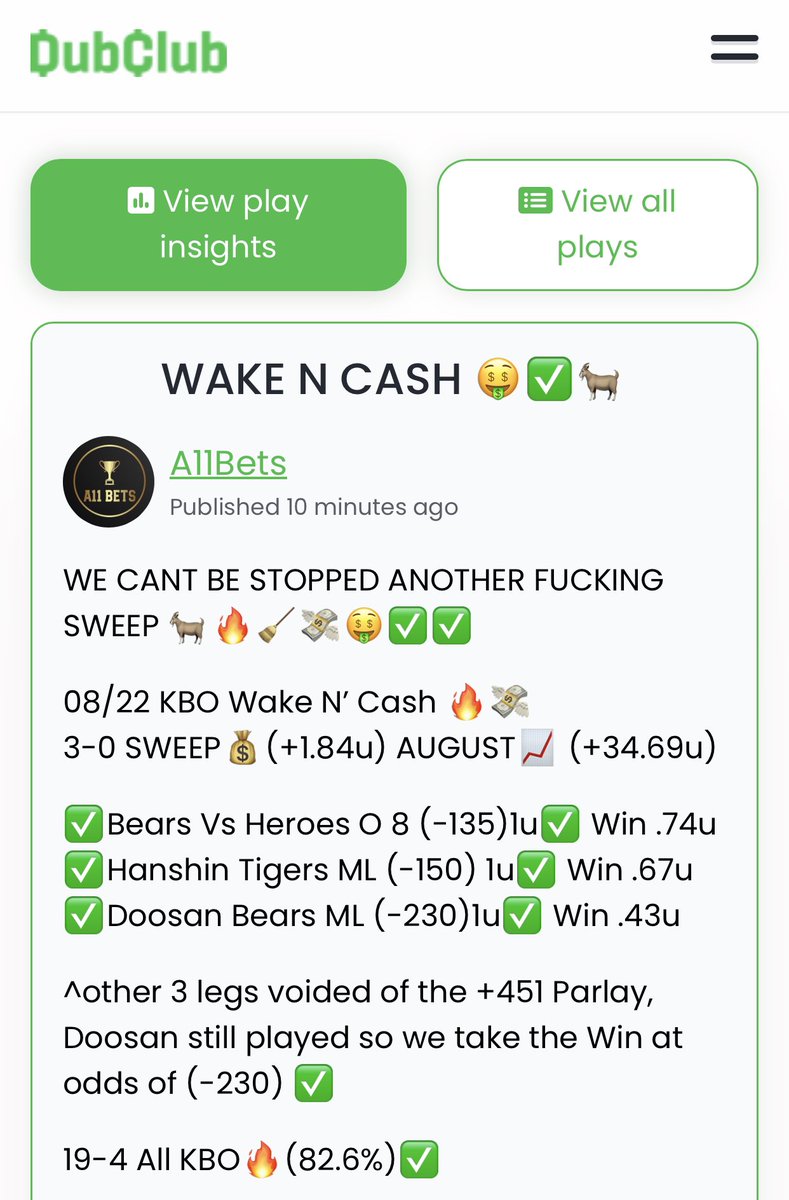 This is getting out of hand...

ANOTHER BACK TO BACK KBO WAKE N' CASH SWEEP ✅🤑💸

18-3 (86%) LEGENDARY KBO RUN🤯

ITS NOT STOPPING ANYTIME SOON🔥
THERE IS 5 KBO GAMES TONIGHT FOR US TO CONQUER 🏆

I AM ONLY TAKING IN 50 PEOPLE TONIGHT FOR 2-DAY VIP TRIALS STARTING NOW‼️ DM ME
