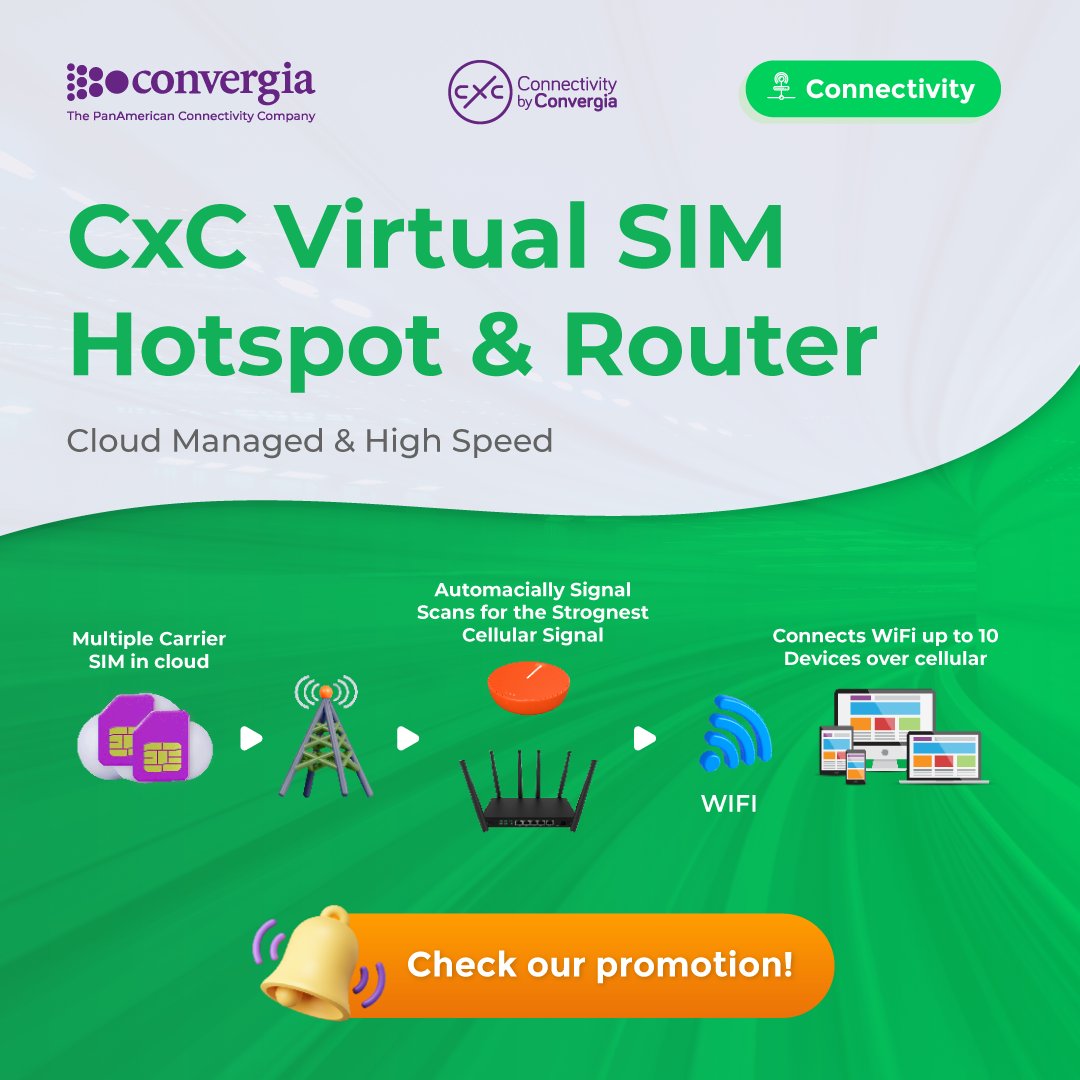 ConvergiaPanAm's tweet image. Stay connected, secured, and powerful with CxC Virtual SIM Hotspot & Router.
Check it out here: okt.to/lCLWN4
#CxCVirtualSIM #WirelessSolutions #StayConnected #InnovativeTech #Convergia #USA #Vsim #Router