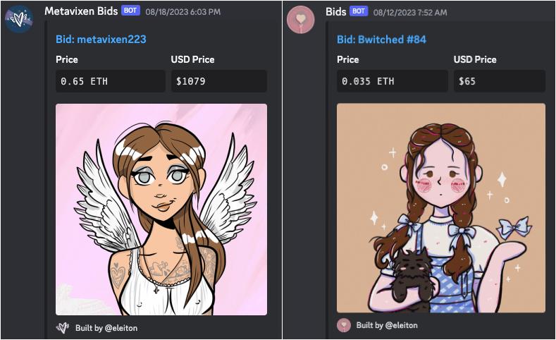 Bids bot, that let users know when bids are placed for NFTs from your Collection.  Works particularly great for collections with auctions such as <a href="/MetaVixensNFT/">MetaVixens 💎💜</a> and <a href="/BwitchedCityNFT/">Bwitched City</a>