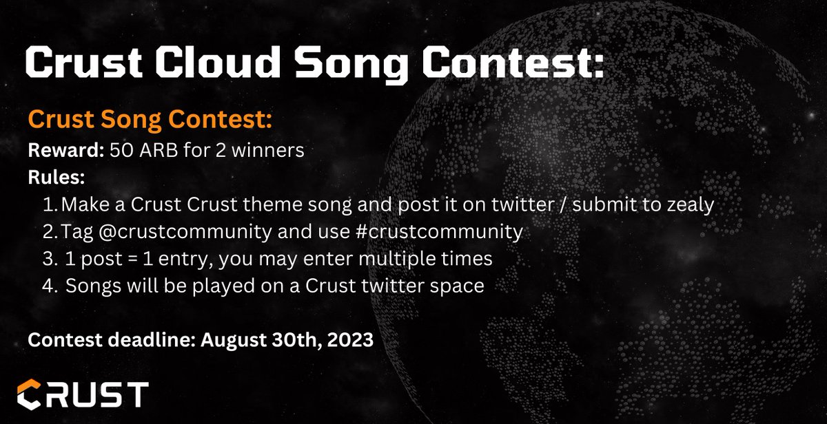 CrustCommunity's tweet photo. WERE BACKKKKKKKKK!!! Let's start our Arbitrum weekly contest series off with our annual song contest! Rules are simple, make a Crust Cloud theme song, the you can make any genre of music, and anyone can enter! Post your song on twitter, or submit to zealy! LFG!!!! Check details👇 https://t.co/TlcrD184sG