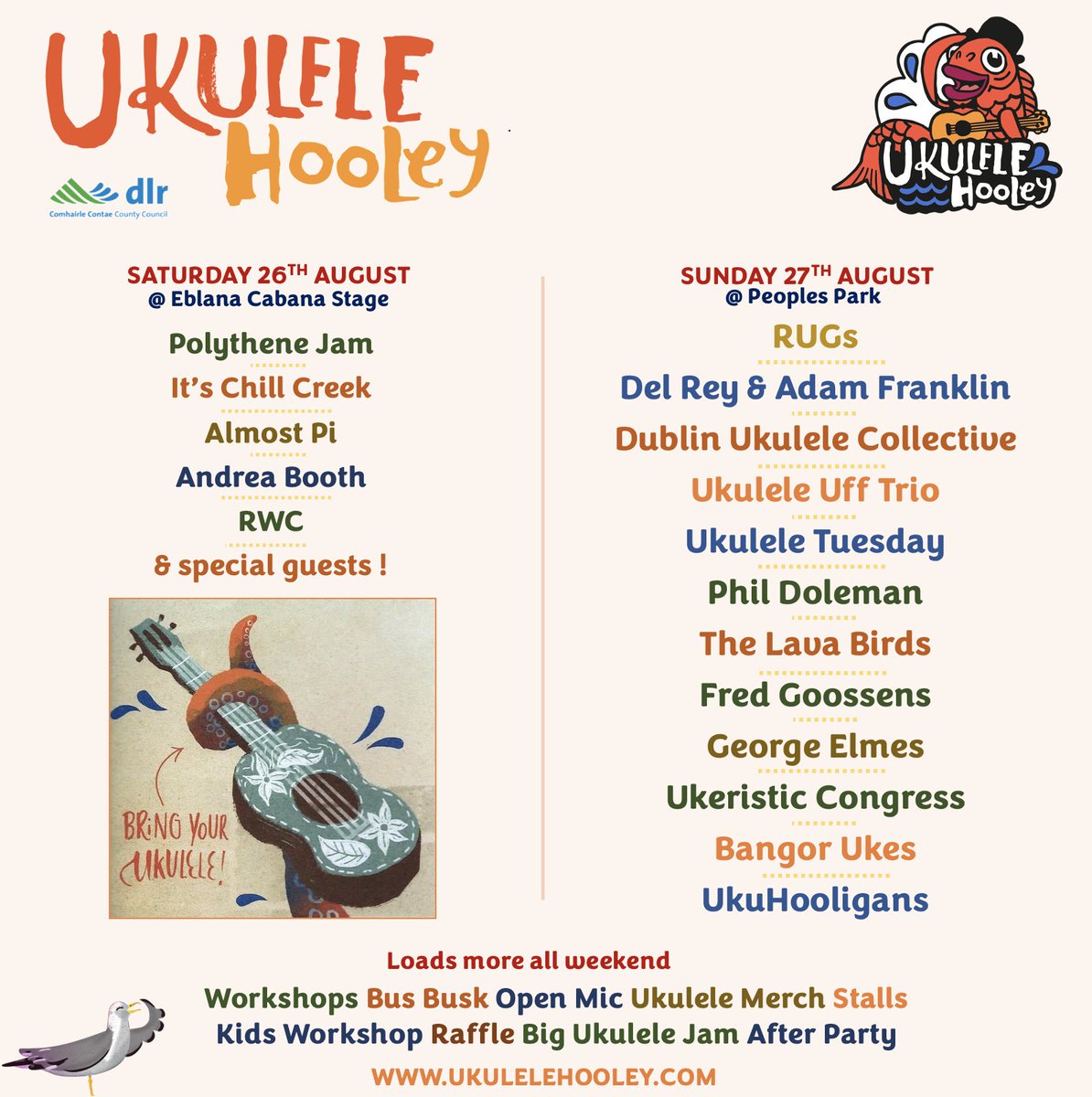 Ukuhooley's tweet photo. Weekend line-up

We are only days away…. Checkout the exciting lineup…

Ukulele Hooley 2023, Sat 26th &amp; Sun 27th August

Get your Workshop and Open mic tickets on the Ukulele Hooley website.

https://t.co/BWE1dWwstK

@DLRTourism https://t.co/otorOaeslk