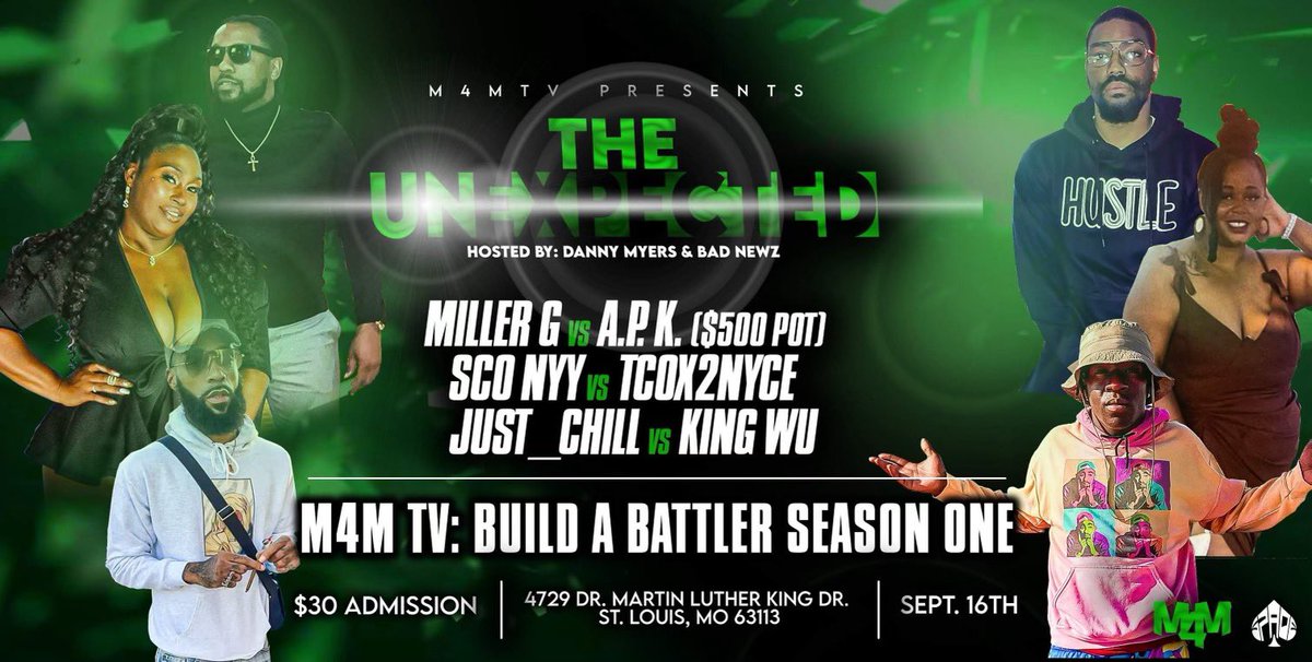 Kingwu314's tweet photo. its going down
@M4MTakeover presents the unexpected hosted by @metaphormessiah and @BadNewzdaBos come watch me put in work me vs just chill in #STL September 16 #follow #battlerap #realkings For further information reach out to @iamjayrone @EjayTheshow @battlemetaphor @ReecsoWay https://t.co/HJdc5RVLvC