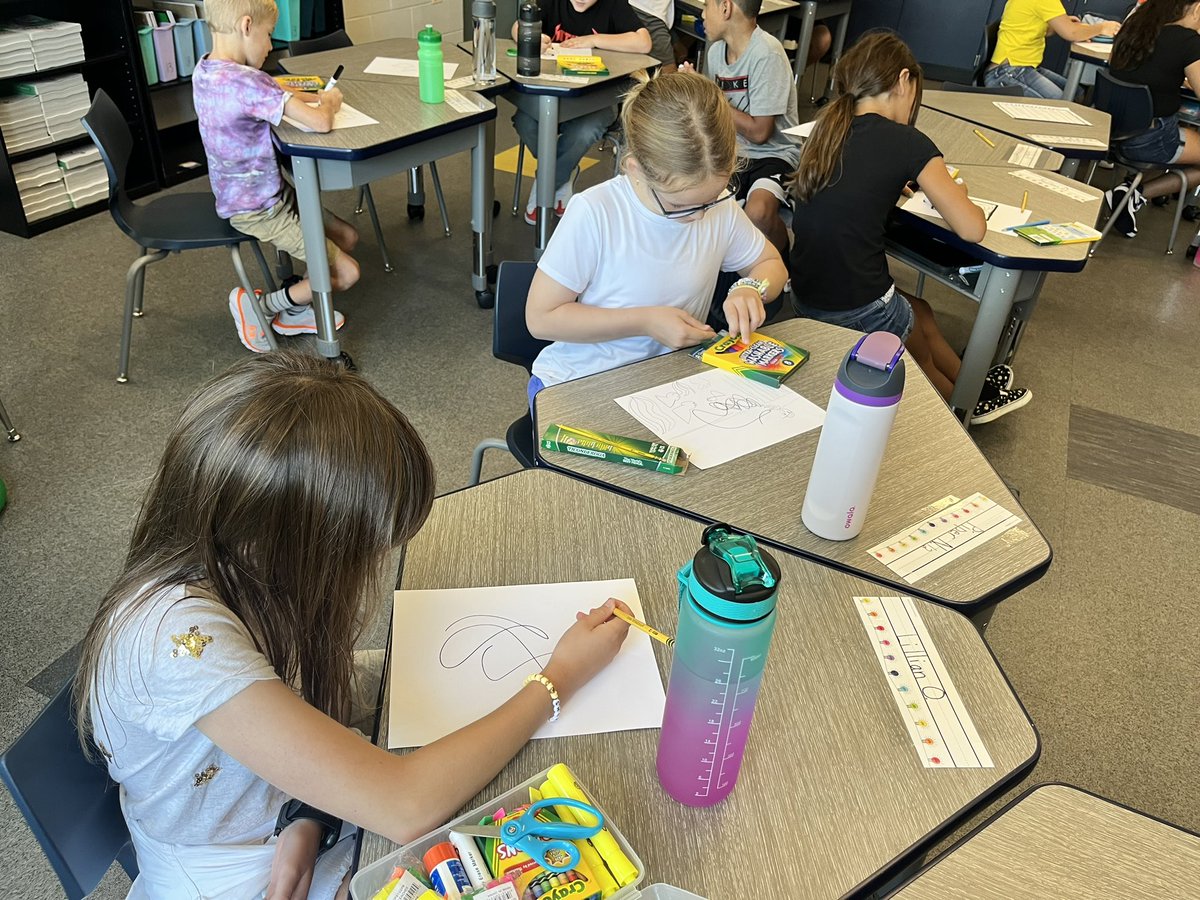 MsBuckley4's tweet photo. Day 1  ✅  
Today we read “The Book of Mistakes”. Students then created a beautiful design or picture from their “mistake” @3OaksEagles #d26 https://t.co/wQKTQzr8zm
