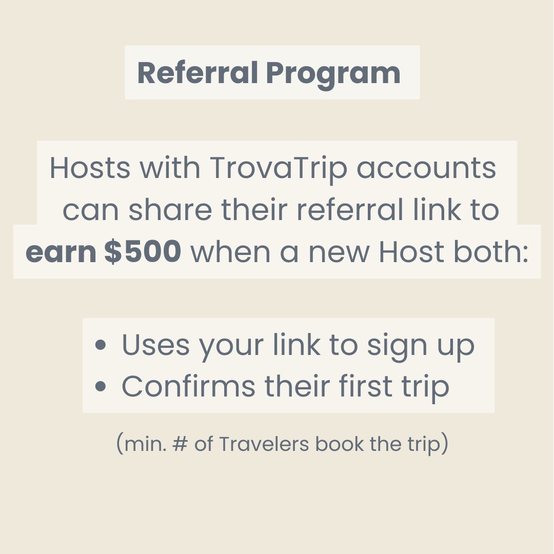 trovatrip's tweet photo. Know someone who'd be a good TrovaTrip Host? You could earn $500 when they take their first trip! 

Anyone with a Host account can share their unique referral link. Learn more here: https://t.co/nHCiriNObb https://t.co/tQA1mBENmO
