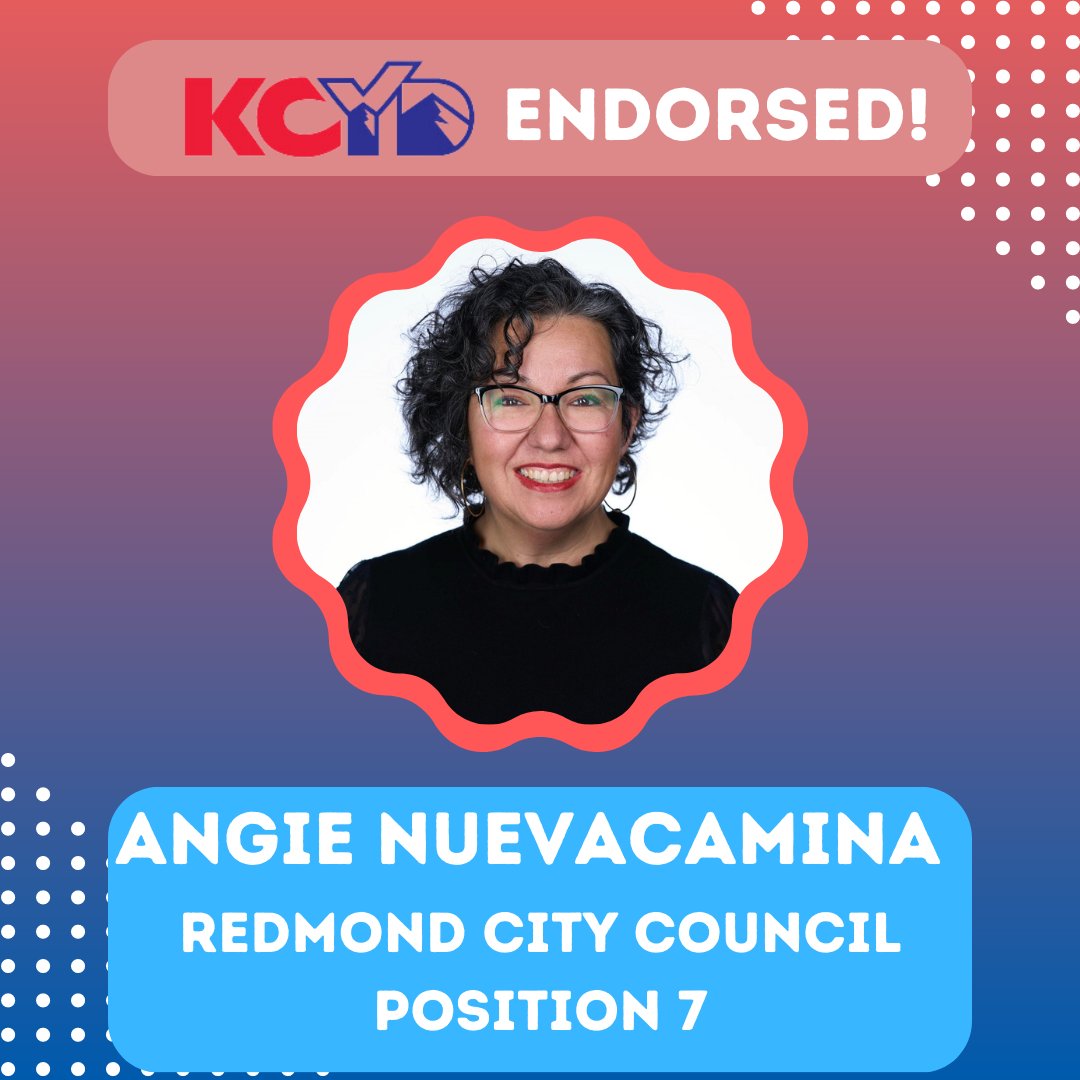 KingCountyYDs's tweet image. We are proud to endorse Angie Nuevacamina for Redmond City Council Position 7! Congrats on winning the primary election and we cant wait to keep supporting you through November!