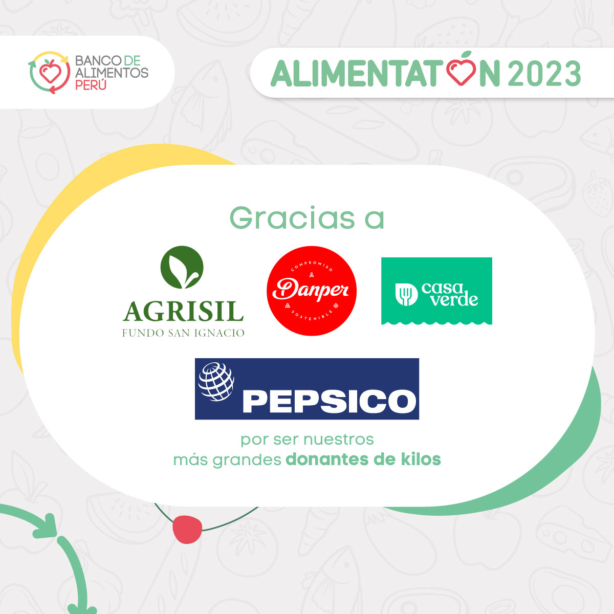 balimentosperu's tweet photo. Alimentatón2023 | Conoce a nuestros más grandes donantes de kilos en la Alimentatón.
🔴 #AgriSil
🔴#CasaVerde #Danper
🔴#Pepsico
🌟Con su apoyo hemos conseguido más de 13 mil raciones de alimentos https://t.co/OSRnntf8Hv