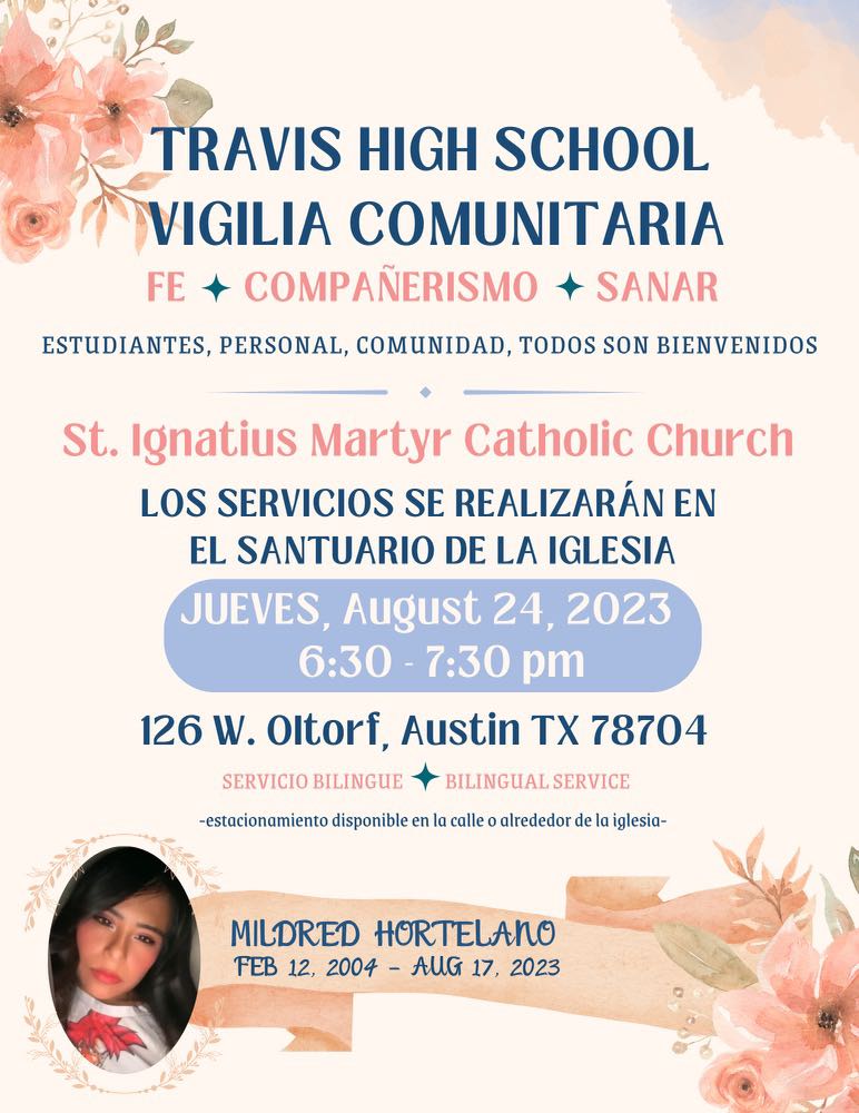 HugoChavezM's tweet photo. 🚨AVISO🚨Familia de Mildred Hortelano llevarán acabo una vigilia este jueves. Los datos en la foto. #MildredHortelano #TravisHighSchool https://t.co/FoZ0NJITcJ
