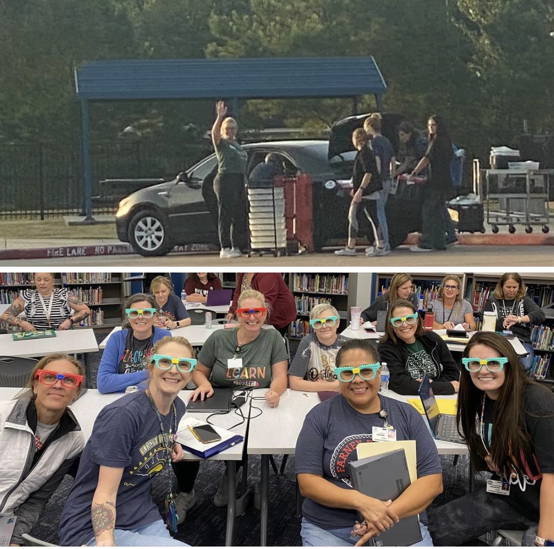 The 3rd grade team started the day helping a teammate unload her car and ended the day in cool LEGO shades! #BuildingABrighterFuture #FUNATFARNEY