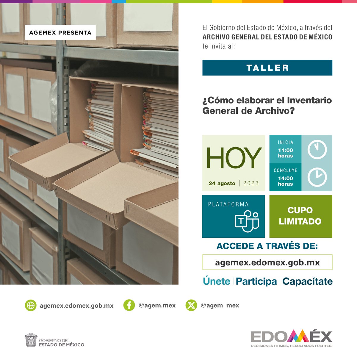 agem_mex's tweet photo. Acompáñanos #Hoy en punto de las #11horas al #Taller "¿Cómo elaborar el Inventario General de Archivo", para orientar a las y los #ServidoresPúblicos en la elaboración de este instrumento de control #Archivístico. #ProfesionalizaciónAGEMÉX #AGEMÉX https://t.co/GDOreHyy3p