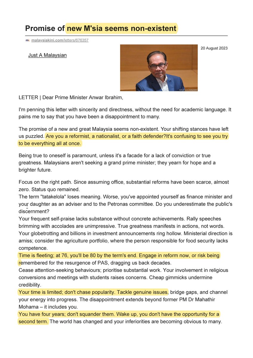 jameschin110's tweet photo. This letter captures the mood of the progressives in Malaysia... If no real reforms are undertaken now, you can kiss #GE16 goodbye!
Do you agree?
#MalaysiaMADANI #PMX https://t.co/oUzAXQJ9jx