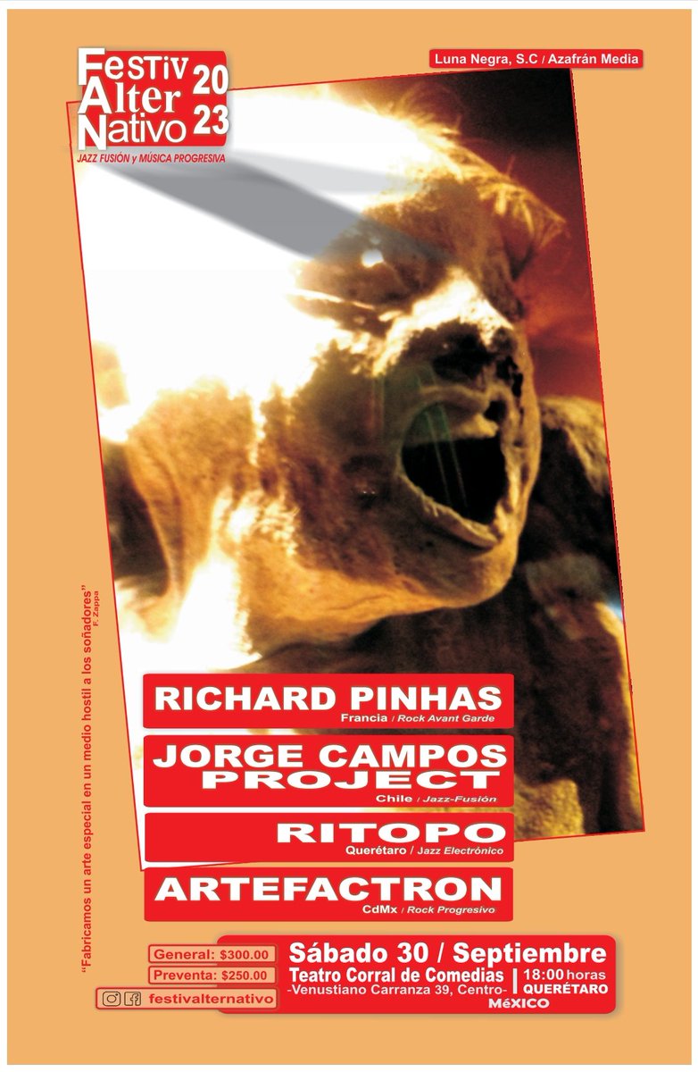 FestivAlterNativo 2023 está días de realizarse! La fiesta musical más importante y consistente de Querétaro regresa por sus fueros en 2023.
Richard Pinhas, Jorge Campos Project,  Ritopo y Artefactron a escena este 30 sept. en Querétaro. Los esperamos!