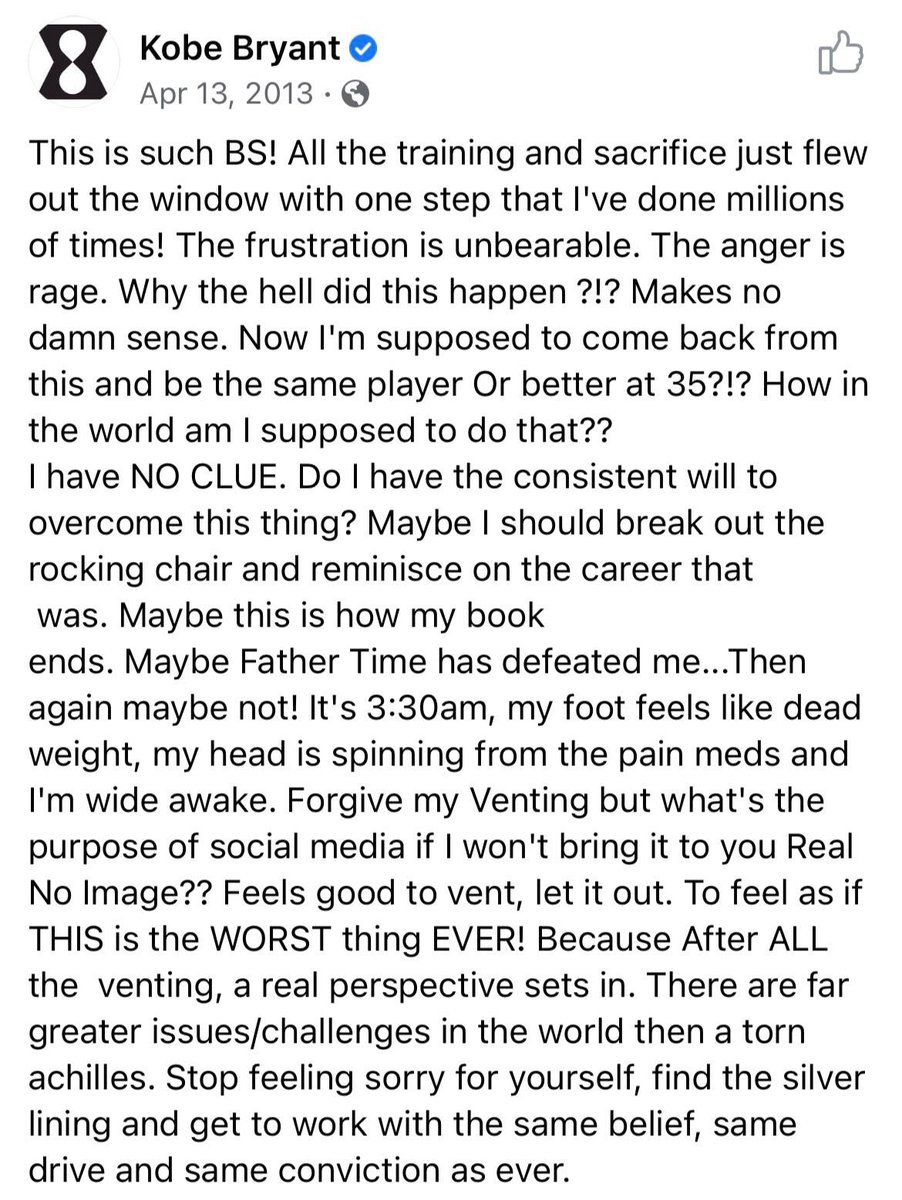 OriginalYoni's tweet photo. In 2013, after tearing his achilles the day before — and his career now in jeopardy — 34-year-old Kobe Bryant took to Facebook to air out his thoughts.

On what would have been his 45th birthday, a masterclass on perseverance we can all learn from: https://t.co/bAMovK2nYF