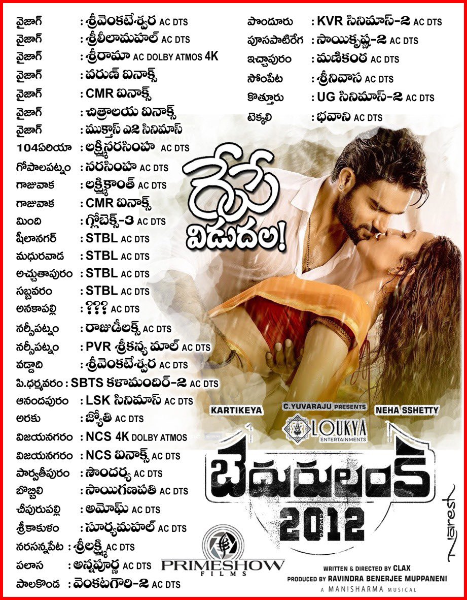 #Bedurulanka2012 UA Theaters list

Uttarandra release by <a href="/primeshowfilms/">Primeshowfilms</a> 

#Bedurulanka2012onAUG25🌊

<a href="/ActorKartikeya/">Kartikeya</a> <a href="/iamnehashetty/">Neha Sshetty</a> <a href="/yesclax/">Clax</a> <a href="/Benny_Muppaneni/">Ravindra Benerjee Muppaneni</a>