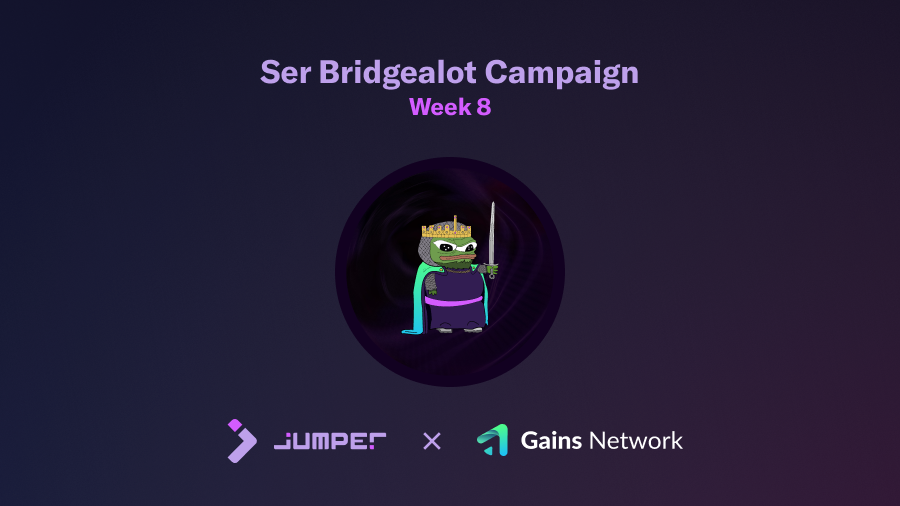 gains_trade's tweet photo. gTrade has teamed up with Web3 allies @jumperapp to bring you Ser Bridgealot's latest @Galxe quest!

Successful warriors will be knighted 'Ser Bridgealot' and receive the fabled Jumper x Gains NFT ⚔️

Quest runs from August 23rd - August 30th 👉 https://t.co/NohApywGh1 https://t.co/ccb0dJoReu