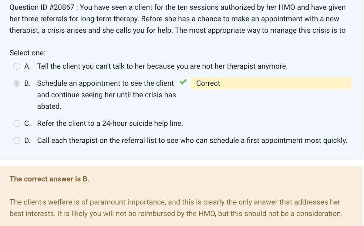 hipsterpit's tweet photo. This is a sample question from the state MFT comprehensive exam in California.  People get mad when therapists don't take insurance, but it's the therapist's job to provide care whether insurance pays or not.  Where are the ethics exams for insurance providers? https://t.co/65SoUAYSl6