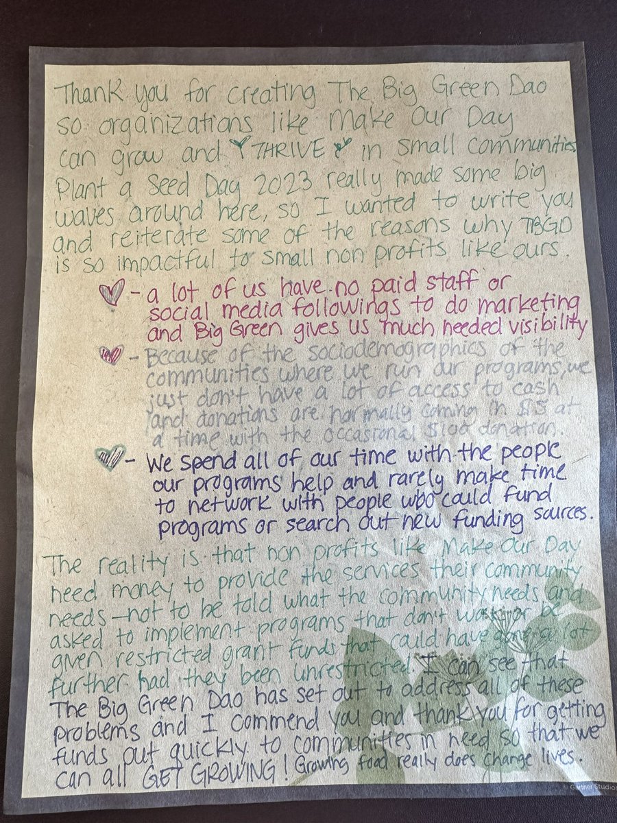kimbal's tweet photo. Just got a wonderful letter from https://t.co/uLQIvTZsB7. They received funding from @biggreen DAO where we trust them to put their programs to work. Growing food changes lives! https://t.co/MTP2Rbmayv