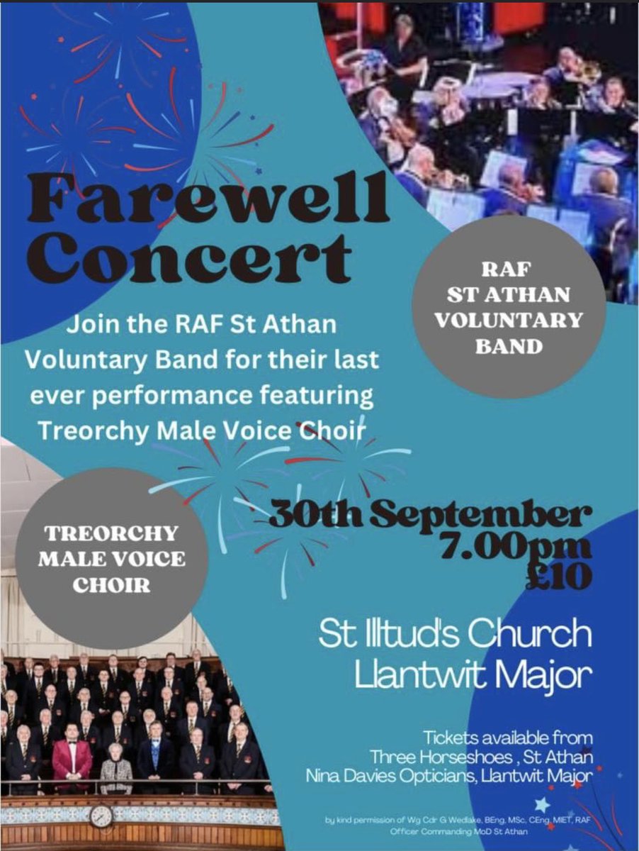 We feel honoured and privileged to have been asked to be the guests at <a href="/RAFStAthanBand/">RAF St. Athan Band</a> final ‘Farewell Concert’ on Sept 30th. 
A band with a rich history, competitive success and one that’s been a constant feature in the music scene in the Vale of Glamorgan. 🎺 🎤🎶