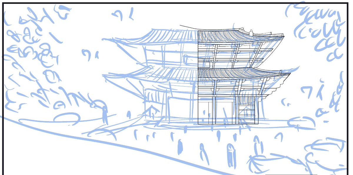 2️⃣左右対称の建物は半分だけ描きます。 