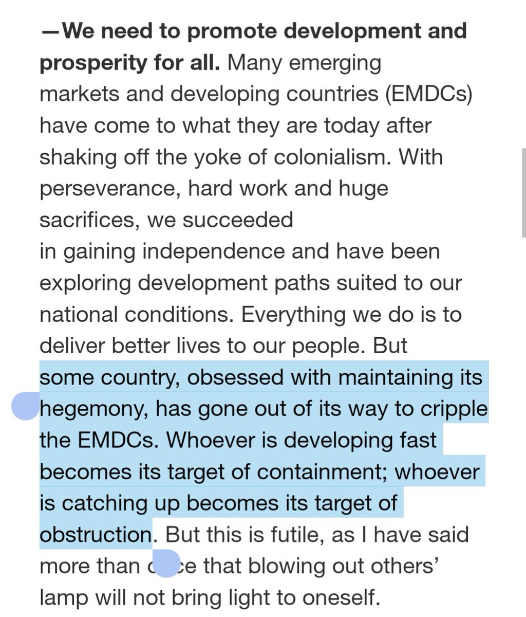 China's President Xi at the BRICS summit:

'some country [hint: the USA], obsessed with maintaining its hegemony, has gone out of its way to cripple the EMDCs (emerging markets and developing countries). Whoever is developing fast becomes its target of containment; whoever is…