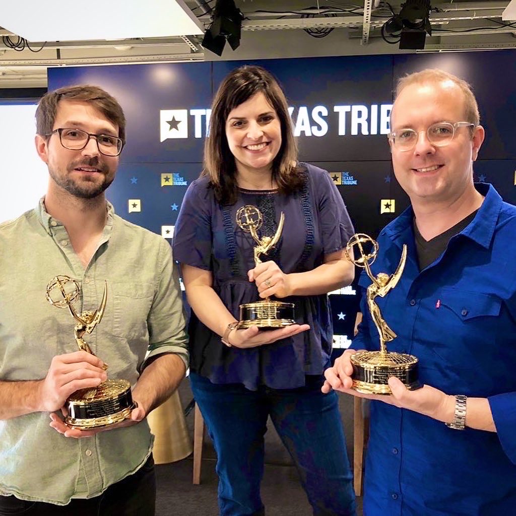 Alana Rocha (@viaalana) on Twitter photo Lots of fond memories from the decade I worked <a href="/TexasTribune/">Texas Tribune</a> w/ these two fine multimedia journalists, <a href="/Wisemeister/">Todd Wiseman</a> and <a href="/jdehn/">Justin Dehn</a>💛…incl when we won TT’s first and only Emmy🏆 
Both were among today’s devastating layoffs. Immense loss. Someone else’s gain. Lots of fond memories from the decade I worked <a href="/TexasTribune/">Texas Tribune</a> w/ these two fine multimedia journalists, <a href="/Wisemeister/">Todd Wiseman</a> and <a href="/jdehn/">Justin Dehn</a>💛…incl when we won TT’s first and only Emmy🏆 
Both were among today’s devastating layoffs. Immense loss. Someone else’s gain.
