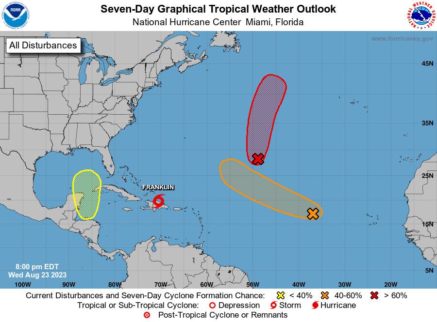 NHC_Atlantic's tweet photo. 8p EDT Aug 23 - The Atlantic continues to be busy with #Franklin and 3 other disturbances to watch for development, including a new area over the northwestern Caribbean.  The latest NHC outlook and forecasts are at https://t.co/tW4KeGe9uJ https://t.co/oF3D4tTwPI