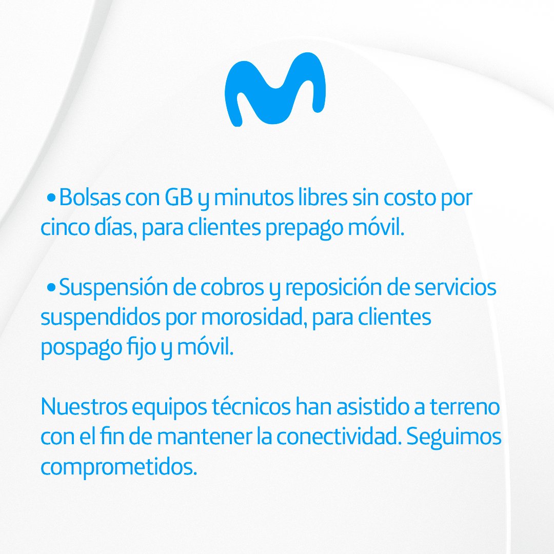 Nuestro compromiso es conectar a las personas, sobre todo cuando más lo necesitan. Ante el actual sistema frontal, tomamos medidas para mantener la conectividad en las comunas más afectadas de O’Higgins y el Maule. 💙

Conoce toda la información aquí: mvst.cl/Movistar-Infor…